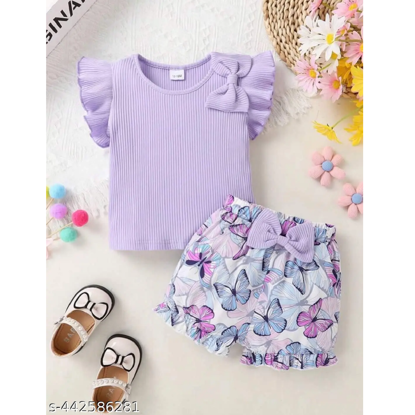 Purple Printed Cotton Top and Skirt Set